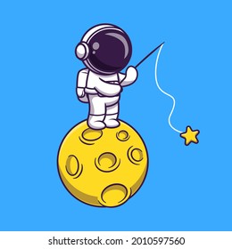 Astronaut Fishing Star On Moon Cartoon Vector Icon Illustration. Science Technology Icon Concept Isolated Premium Vector. Flat Cartoon Style