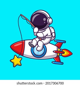 Astronaut Fishing Star On Rocket Cartoon Vector Icon Illustration. Science Technology Icon Concept Isolated Premium Vector. Flat Cartoon Style