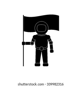 Astronaut with flag - black vector icon