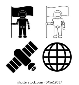 Astronaut with flag - black vector icon, set