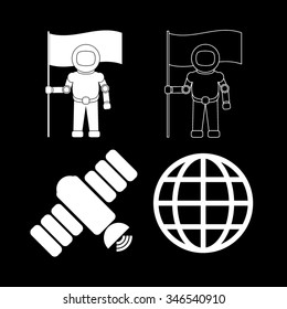 Astronaut with flag - black vector icon, set