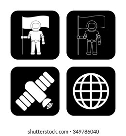 Astronaut with flag - black vector icon, set