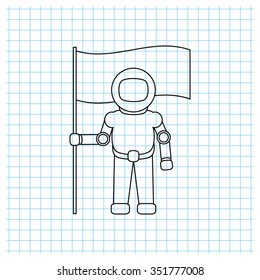 Astronaut with flag - black vector icon