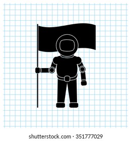 Astronaut with flag - black vector icon