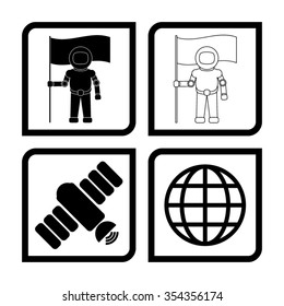 Astronaut with flag - black vector icon, set