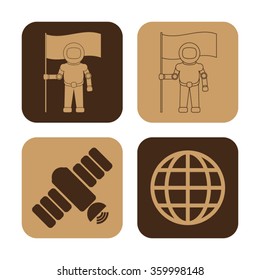 Astronaut with flag -  black vector icon; set