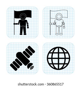 Astronaut with flag -  black vector icon; set
