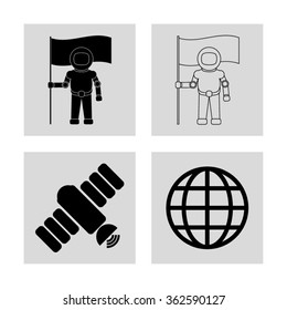 Astronaut with flag - black vector  icon; set
