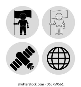Astronaut with flag   black vector icon; set