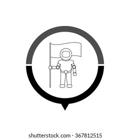 Astronaut with flag - black vector icon; map pointer;  message bubble