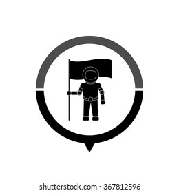 Astronaut with flag - black vector icon; map pointer;  message bubble