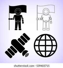 Astronaut with flag - black  vector icon; set