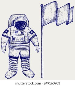 Astronaut and flag. Doodle style