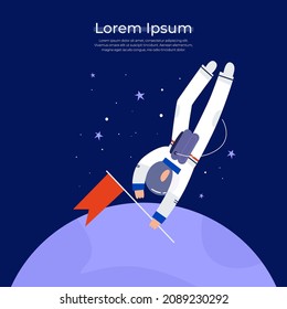 An astronaut with a flag is exploring a new planet. Space exploration, space travel, space tourism. Templates. Hand drawn vector illustration isolated on dark blue background.