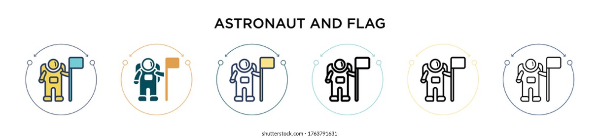 Astronaut and flag icon in filled, thin line, outline and stroke style. Vector illustration of two colored and black astronaut and flag vector icons designs can be used for mobile, ui, web