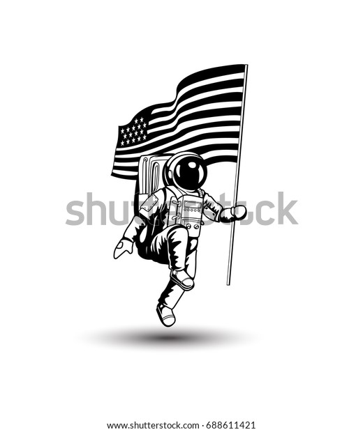 Astronaut with flag icon, science,\
knowledge and concept, white background, vector\
illustration