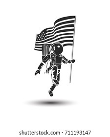 Astronaut with flag icon, spacesuit, helmet, alien, planet, science and technology, modern, white background, vector illustration