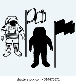 Astronaut and flag. Isolated on blue background