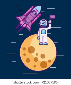 astronaut with flag on another planet space mission rocket