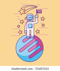 astronaut with flag on another planet space mission