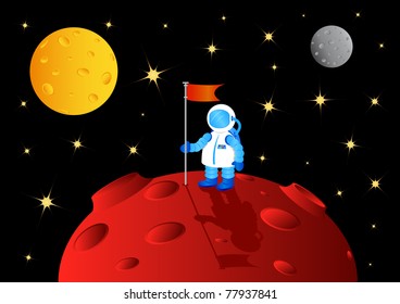 Astronaut with flag on another planet, vector illustration