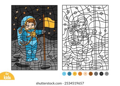 Astronauta com uma bandeira na Lua. Colorir por número, jogo educacional para crianças