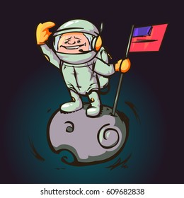 Astronaut with the flag on the moon looking into the distance