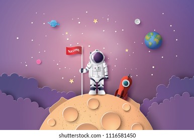 Astronaut with Flag on the moon, Paper art and digital craft style.