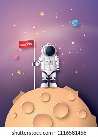 Astronaut with Flag on the moon, Paper art and digital craft style.