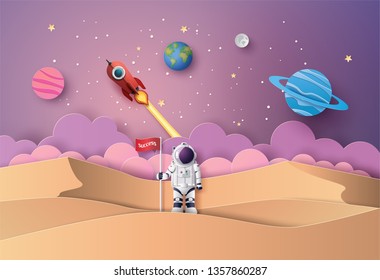 Astronaut with Flag on the moon, Paper art and digital craft style.