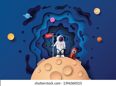 Astronaut with Flag on the moon, Paper art and digital craft style.