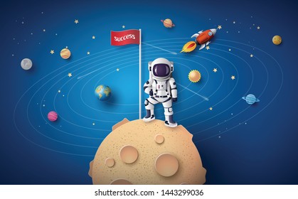 Astronaut with Flag on the moon, Paper art and digital craft style.