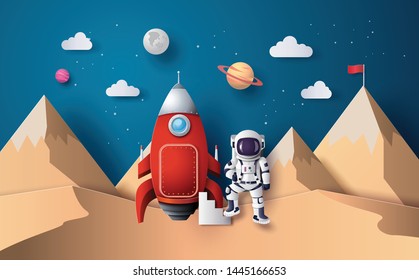 Astronaut with Flag on the moon, Paper art and digital craft style.