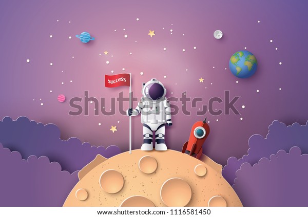 Astronaut with Flag on the moon, Paper art and\
digital craft style.