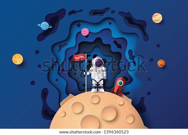 Astronaut with Flag on the moon, Paper art and
digital craft style.