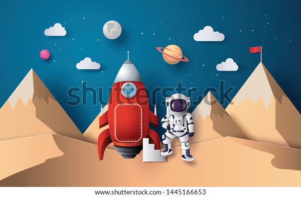 Astronaut with Flag on the moon, Paper art and\
digital craft style.