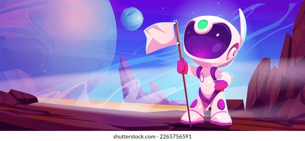 Astronaut with flag on moon or planet with outer space view. Cute spaceman in suit standing with blank white flag on alien planet surface, vector cartoon illustration