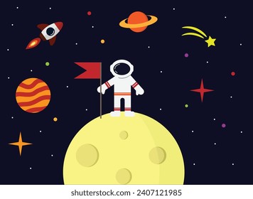 Astronauta con bandera en la luna. Vector de concepto de exploración científica y espacial