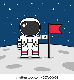 Astronaut With Flag On The Moon. Space Walk On Lunar Surface