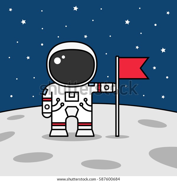 Astronaut with flag on the Moon. Space walk on\
lunar surface