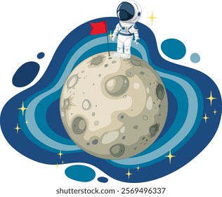 Astronaut with flag on moon, surrounded by stars