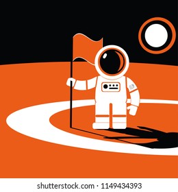 Astronaut with flag on orange planet with black sky. No text on picture.