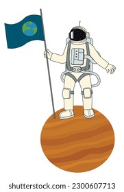Astronaut with flag on planet against white background
