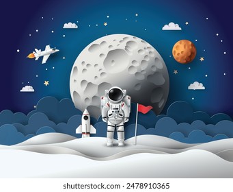 Astronaut with Flag on the planet, Paper art cut style.