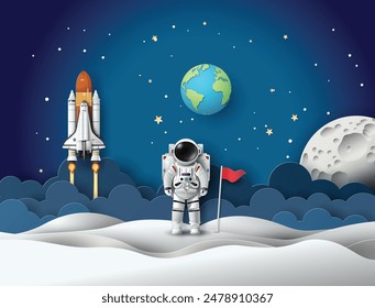 Astronaut with Flag on the planet, Paper art cut style.