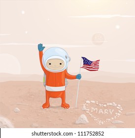 Astronaut with a flag on the surface of Mars is recognized in the love of Mary