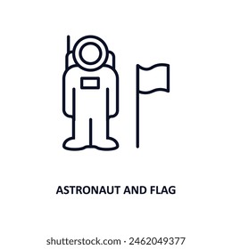 astronaut and flag outline icon.  Thin line icon from astronomy collection. Editable vector isolated on white background