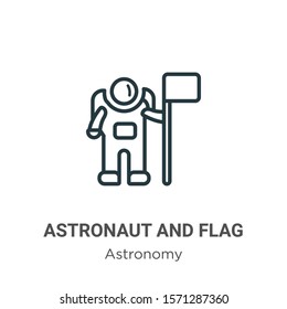 Astronaut and flag outline vector icon. Thin line black astronaut and flag icon, flat vector simple element illustration from editable astronomy concept isolated on white background