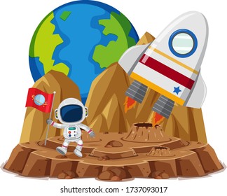 Astronaut with flag in the planet cartoon style on white background illustration