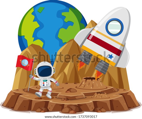 Astronaut with flag in the planet cartoon\
style on white background\
illustration